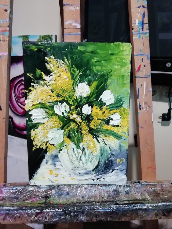 Mimosa, impressionistic floral oil painting, original flowers in vase