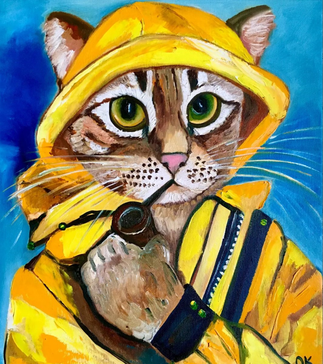 Impressionistic Animal Oil Painting By Olga Koval, 16 X 18", Troy The Cat, Fisherman, Original Artwork