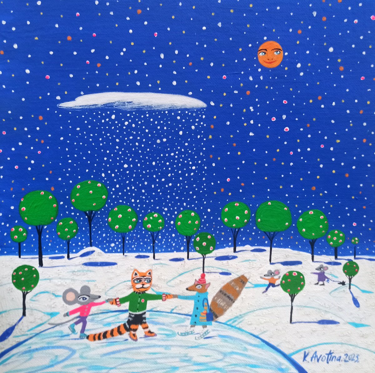 Impressionistic Animal Acrylic Painting By Katrina Avotina, 10 X 10", Christmas Night Together, Original Artwork