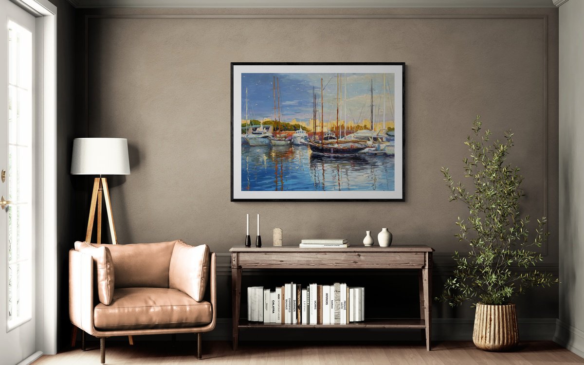 Impressionistic Landscape Oil Painting By Evgeny Chernyakovsky, 35 X 27, Quiet Harbor, Original Artwork