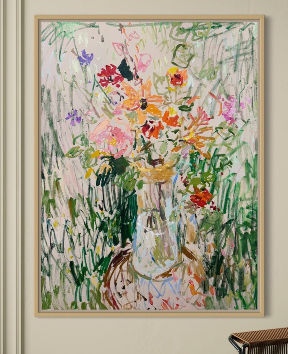 Expressive Botanical Oil Painting By Lilia Orlova-Holmes, 35 X 47", Flowers From My Garden., Original Artwork