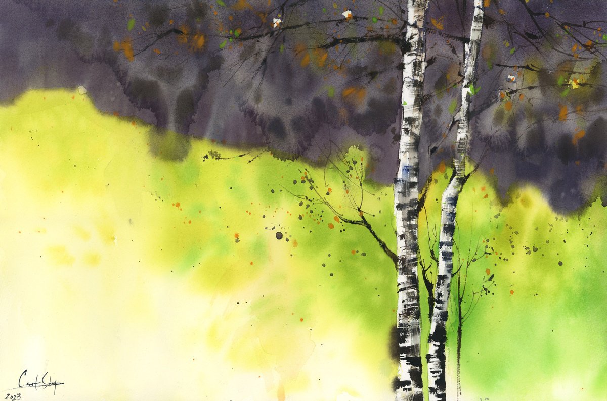 Birch Trees Landscape and Stormy Sky Nature Watercolor Painting by Sophie Rodionov