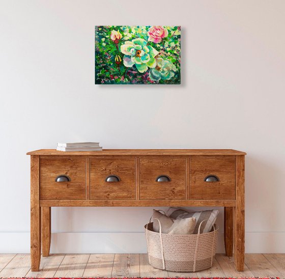 White rose hip, Wild Rose Painting Flower Original Art Abstract Floral Artwork 50x35 cm, ready to hang.