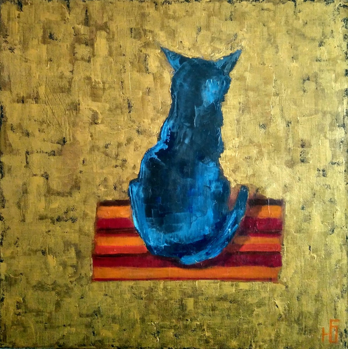 Black Cat on a Golden Background Painting, 40?40 cm by Yulia Berseneva