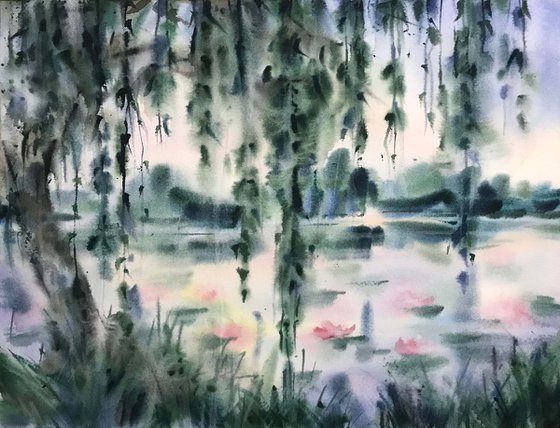 Old pond. one of a kind. original painting. gift.