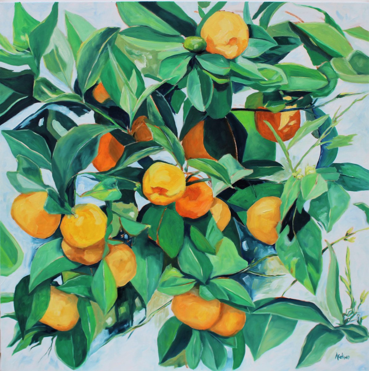 Impressionistic Landscape Oil Painting By Afekwo, 34 X 34, Clementines, Original Artwork