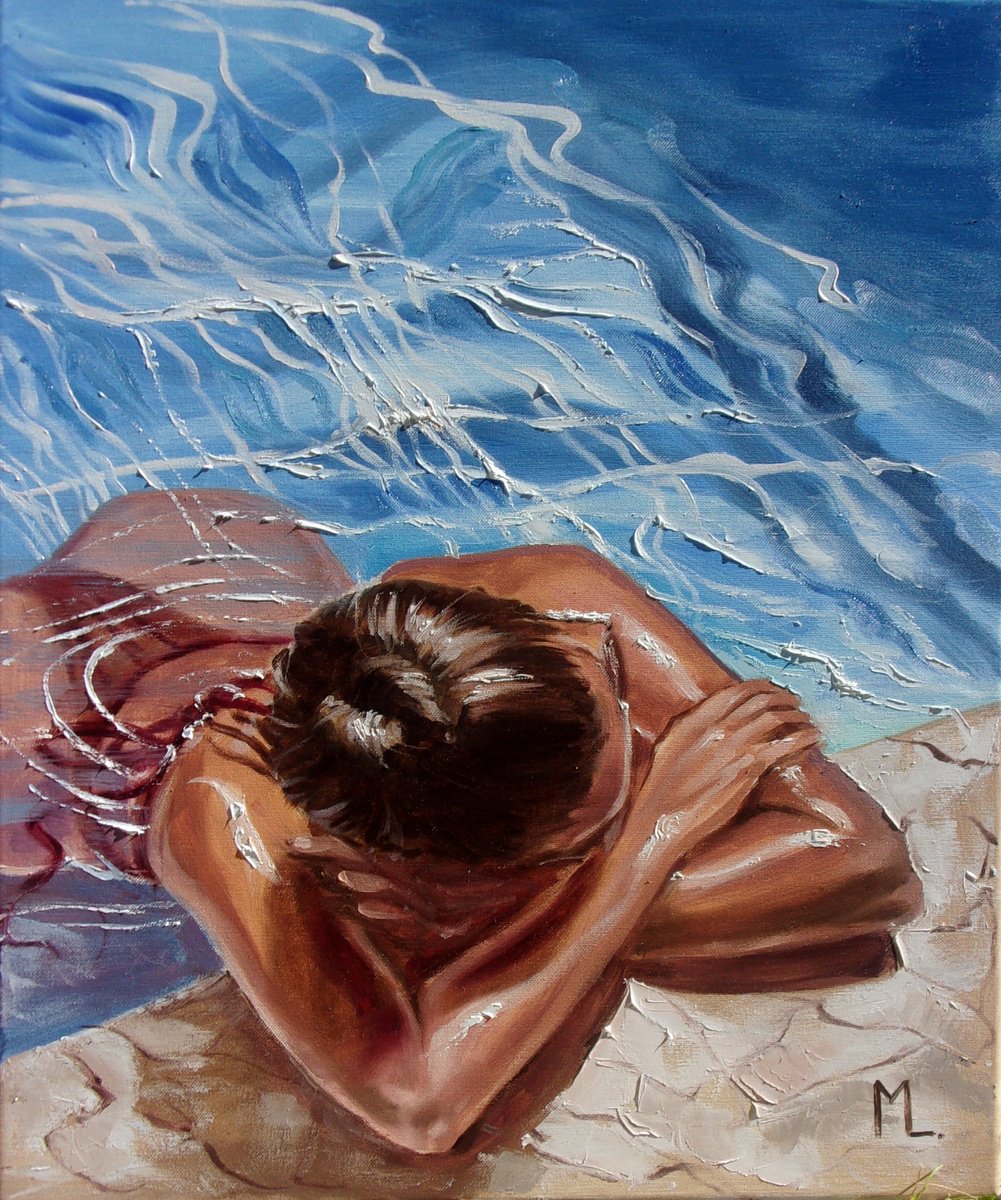 Expressive Portrait Oil Painting By Monika Luniak, 20 X 24", " Summer Blue ", Original Artwork
