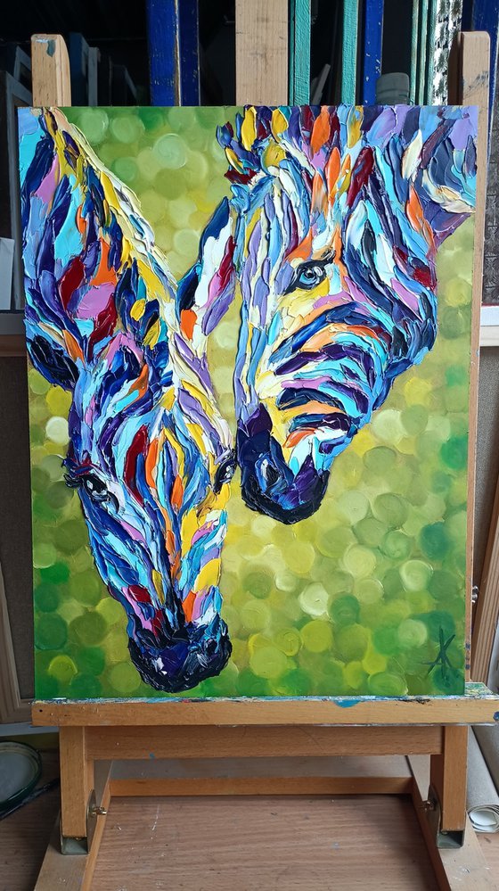 Colored stripes  - zebras, oil painting, love, animals, zebra face, lovers, animal oil painting, gift