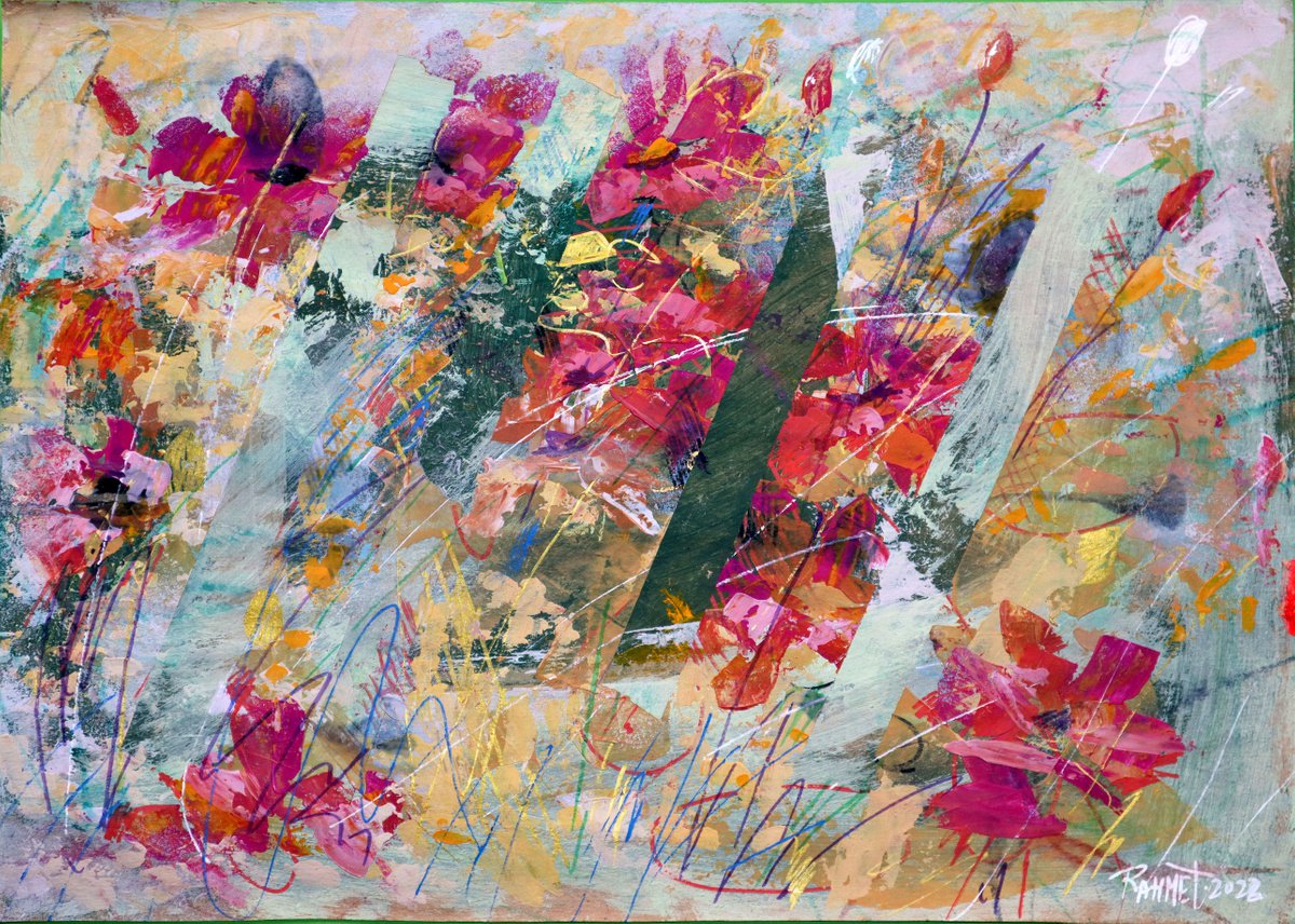 Impressionistic Botanical Acrylic Painting By Rakhmet Redzhepov, 23 X 16", Fantasy With Flowers 25, Original Artwork