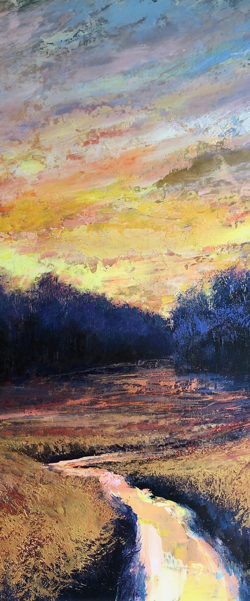 'Winter Stream IV' Sunset oil painting by Simon Jones