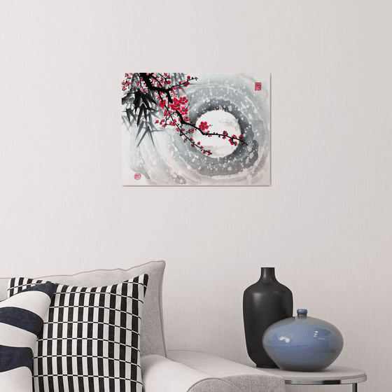 Red plum, bamboo and moon  - Oriental Chinese Ink Painting