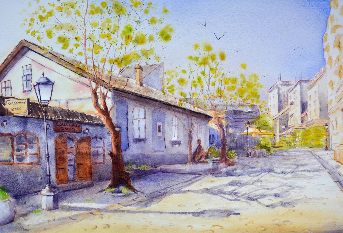 Impressionistic Cityscapes Watercolour By Nenad Kojic, 23 X 14", A Sunny Day At Skadarlijski Bo, Original Artwork
