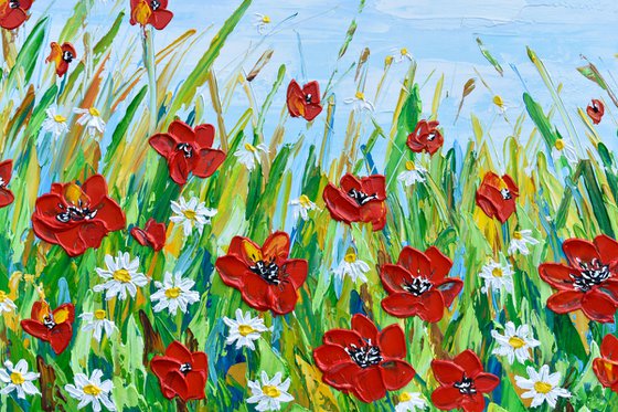 Poppies and Daisies - Wildflower Meadow Palette Knife Painting