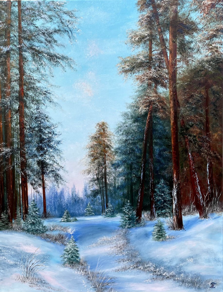 Impressionistic Landscape Oil Painting By Tanja Frost, 28 X 35", Winters Forest Way, Original Artwork