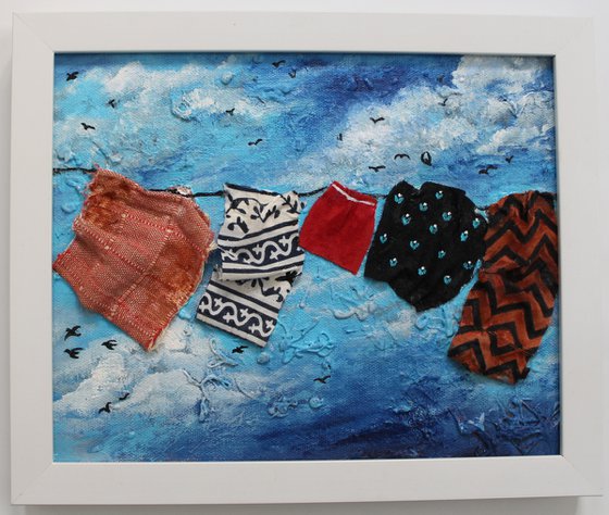 Cloth Line - Mixed media painting - ready to hang - recyclable - sustainability art - read to hang