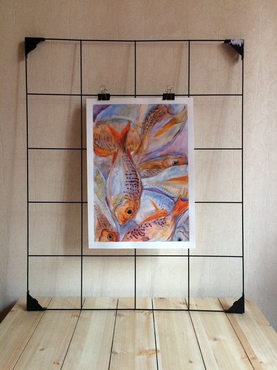 Fishes watercolor painting - Animal wall art - Gift idea for him