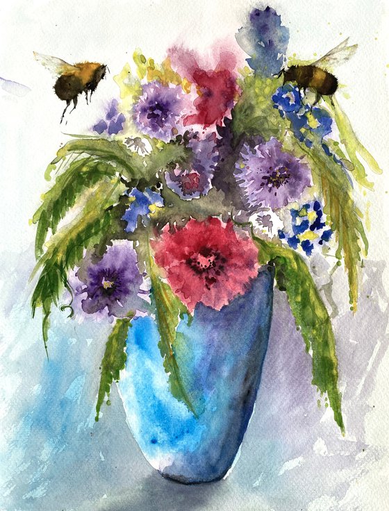 Bees around Vase of Summer Flowers