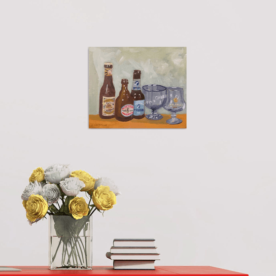 Belgian beer bottles and glasses, a still life oil painting.