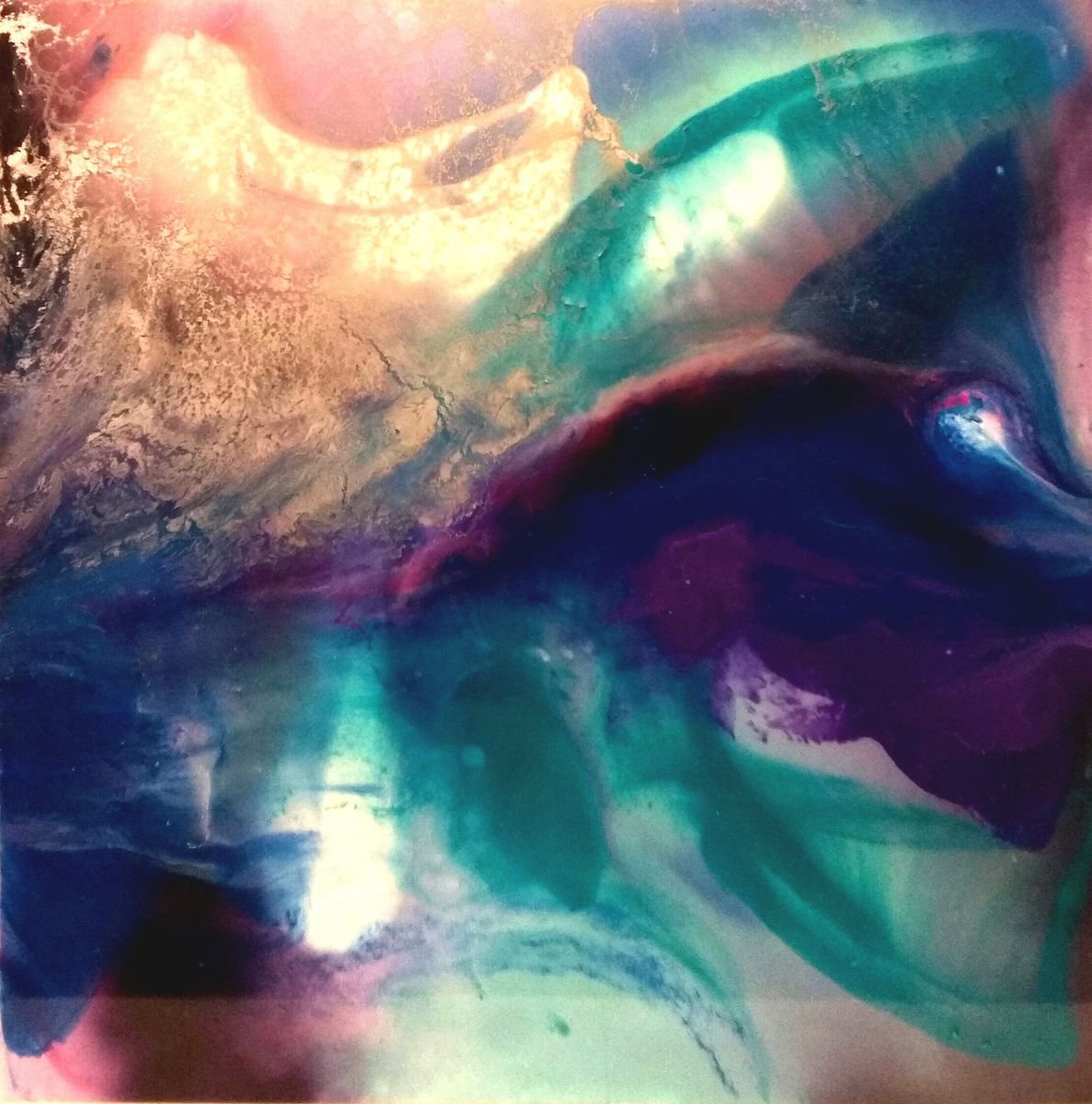 Wave, Contemporary resin painting on board, 100x100x1,2cm, ready to hang by Elena Kraft