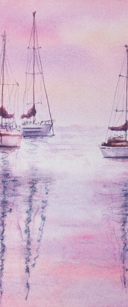 Sailboats on a pink sunset by Kateryna Nazarenko