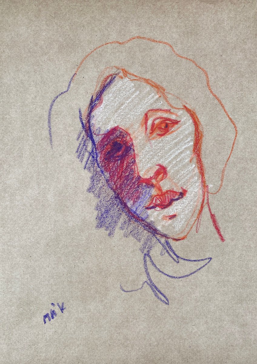 PASTEL PORTRAIT #1 - expressive face drawing, crimson, violet & orange art by Irene Makarova