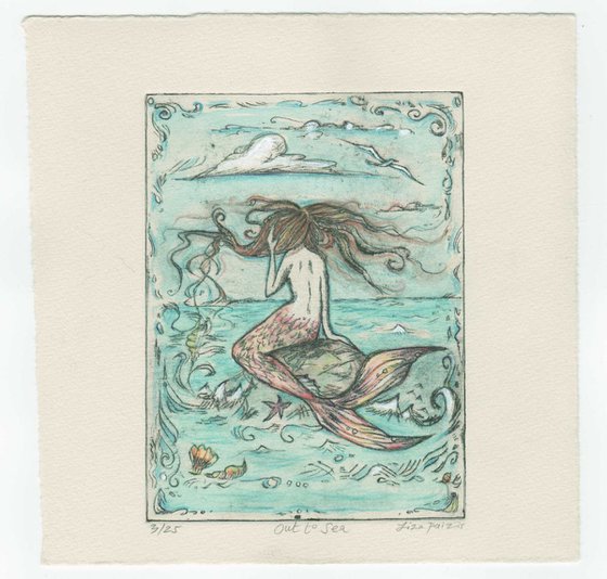 Mermaid Limited Edition drypoint etching Out to Sea mermaid on a rock art