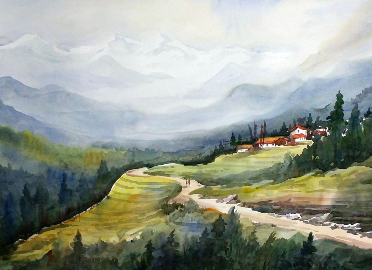 Beauty of Himalayan Landscape - Watercolor Painting by Samiran Sarkar