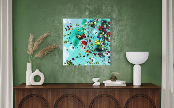 Structure impasto acrylic painting with abstract flowers 60x60cm "Floral Fusion"