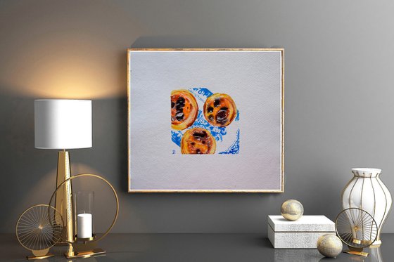 Watercolor painting Portuguese food, Lisbon cake original painting, Pastel de Nata art, kitchen wall art