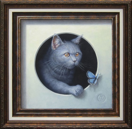 Trompe l'oeil with cat and butterfly