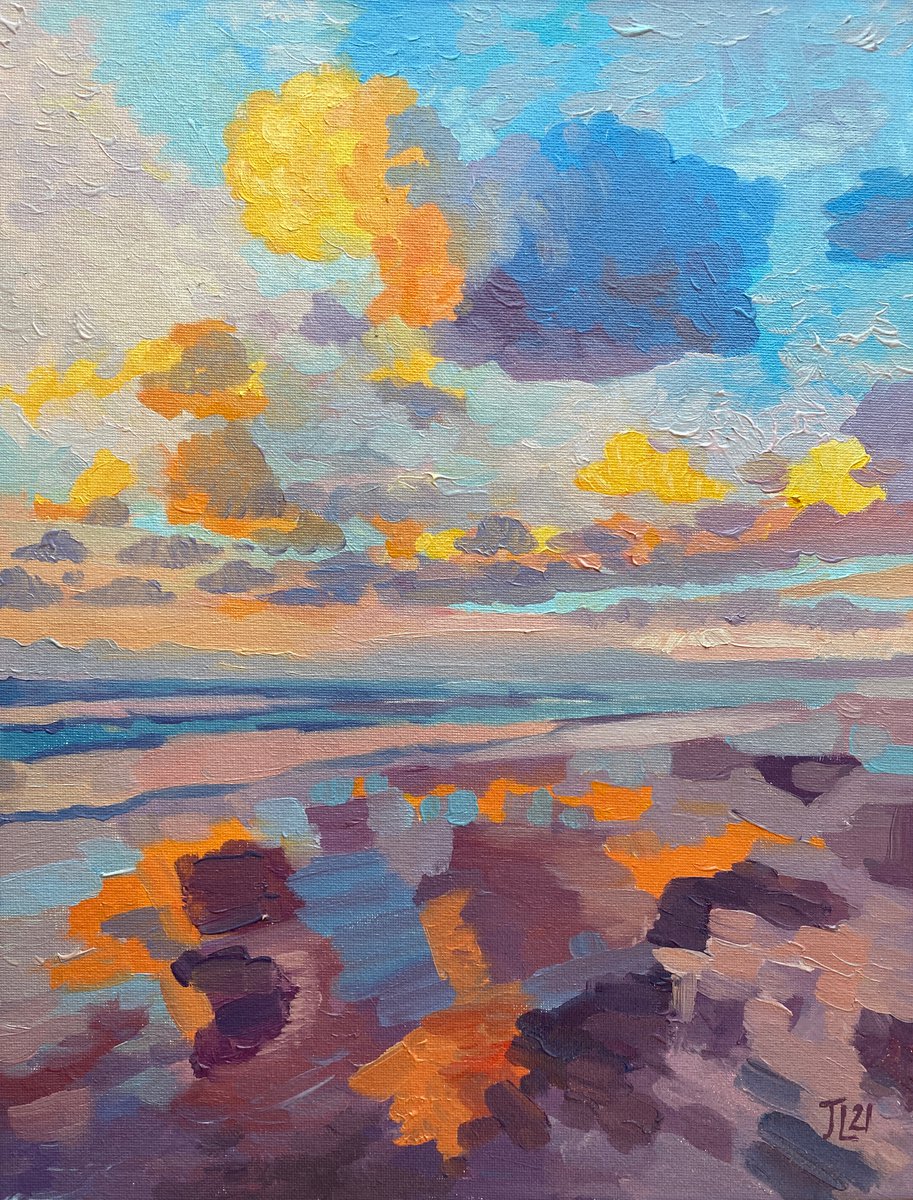Reflections Oil painting landscape sea sky clouds small Gift Christmas Beach Art by Julia Logunova