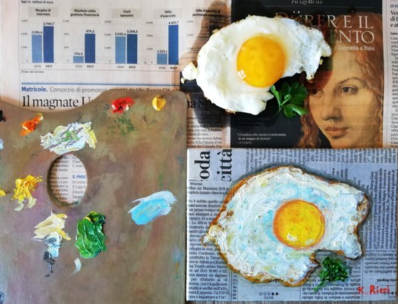 "Egg on Newspaper" Original Painting Food Art 7 by 5"  (18x13 cm)