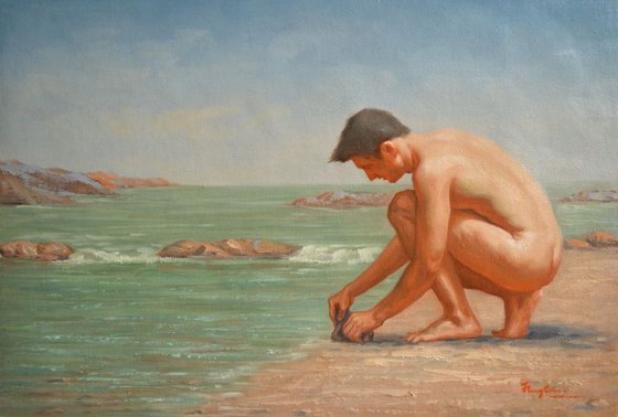 Original Oil paintingl art male nude man  on linen  #16-4-4-02