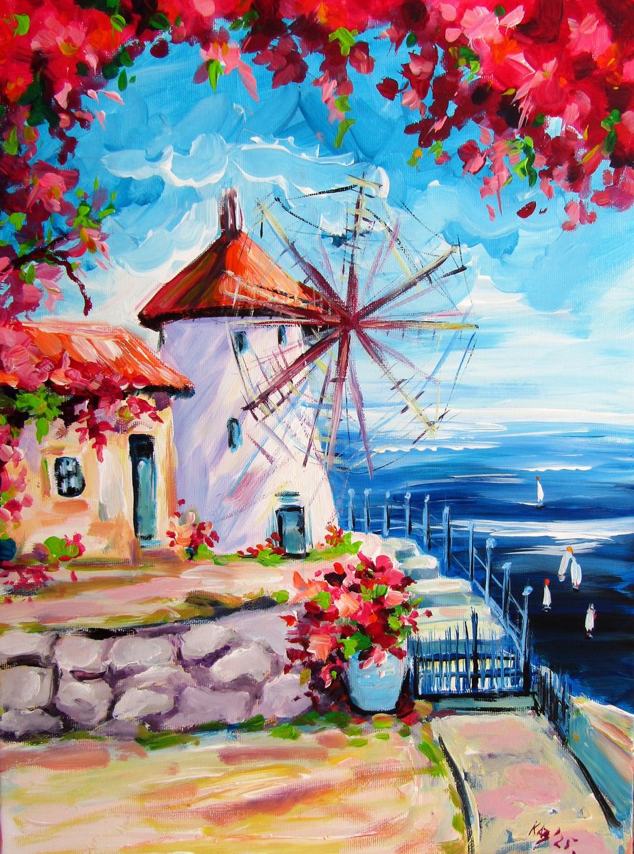 Impressionistic Landscape Acrylic Painting By Kovacs Anna Brigitta, 12 X 16", Seascape With Mill, Original Artwork