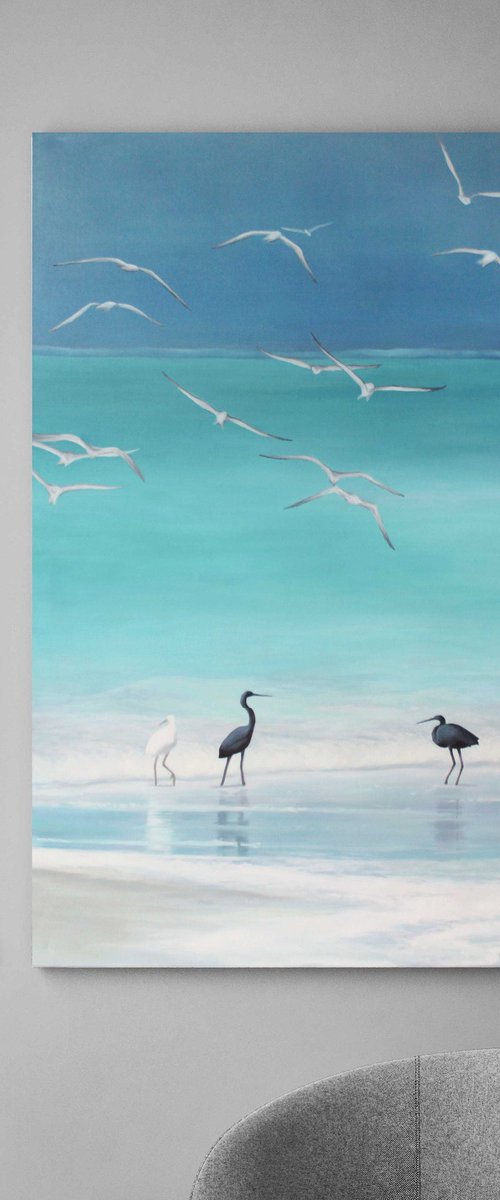 "Cattle Egret" Turquoise seascape oil art by Mary Amur