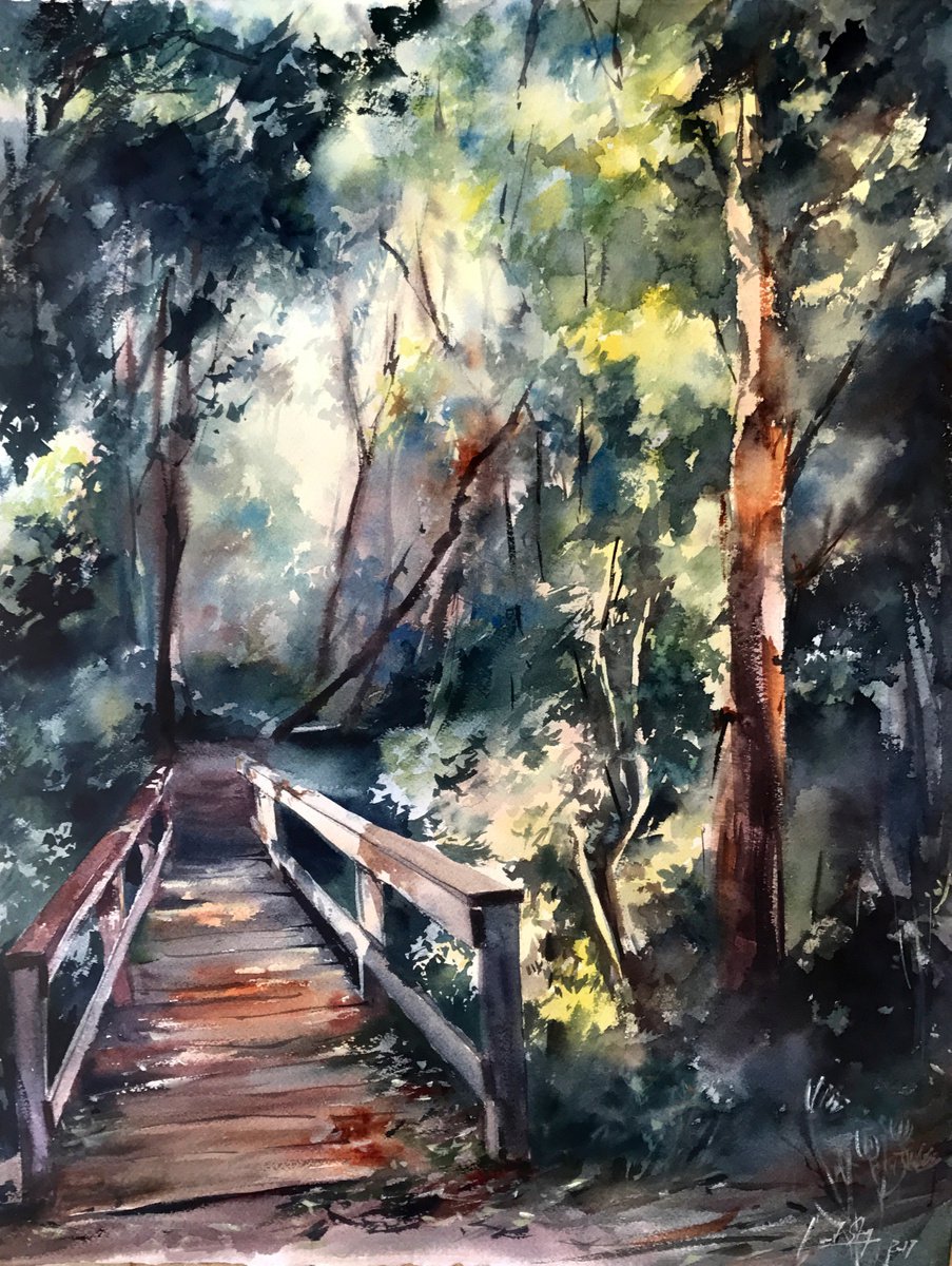 Impressionistic Landscape Watercolour By Sophie Rodionov, 17 X 22", Hidden Path, Original Artwork