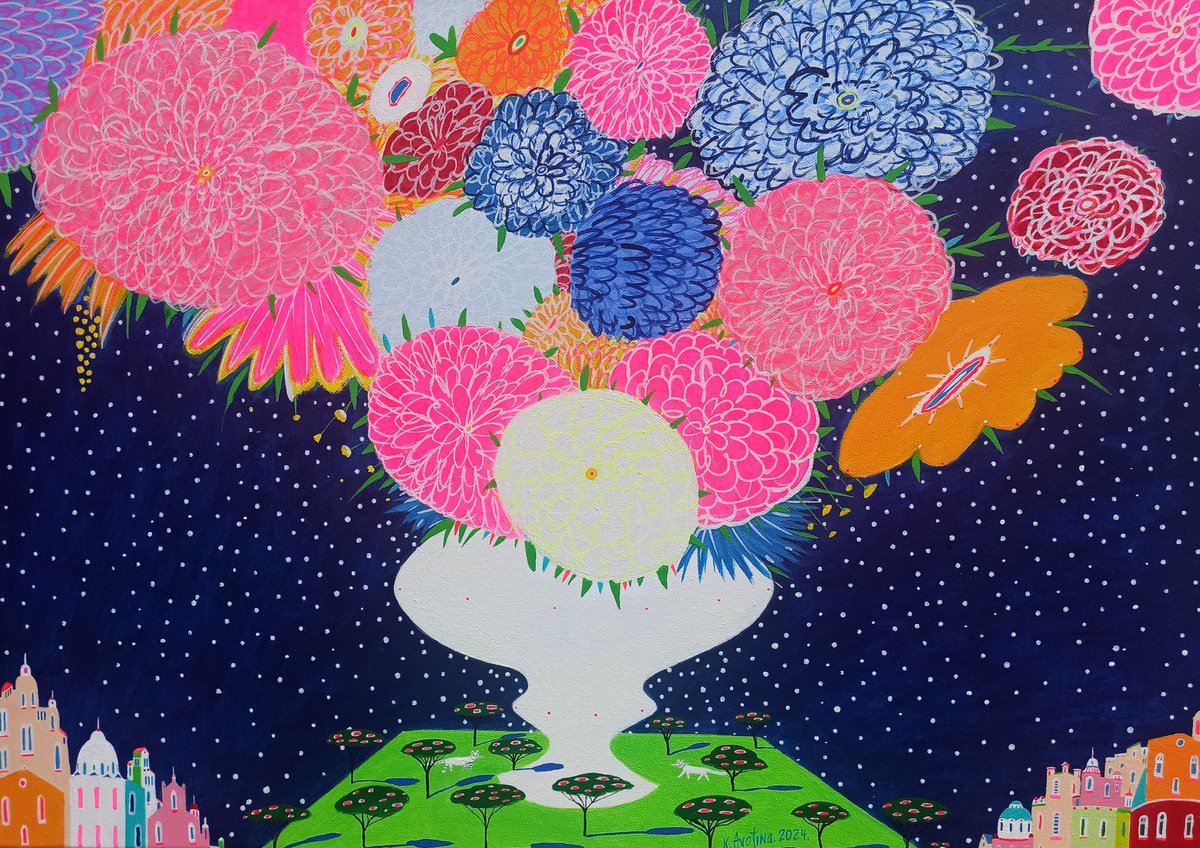 Impressionistic Landscape Acrylic Painting By Katrina Avotina, 28 X 20", Twilight In The Tuscany Hills, Original Artwork