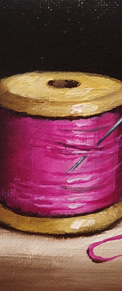 Little Pink cotton reel  still life by Jane Palmer Art