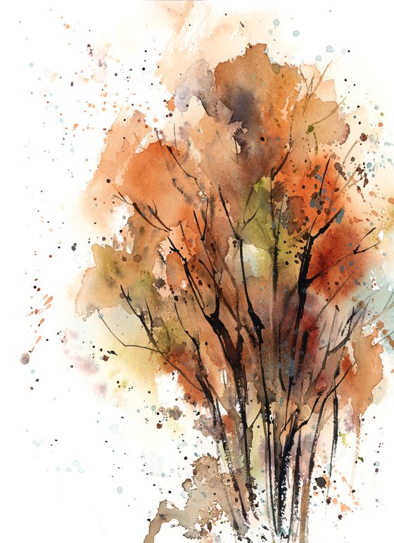 Abstract Autumn Trees, Landscape Nature Watercolor Painting, Trees