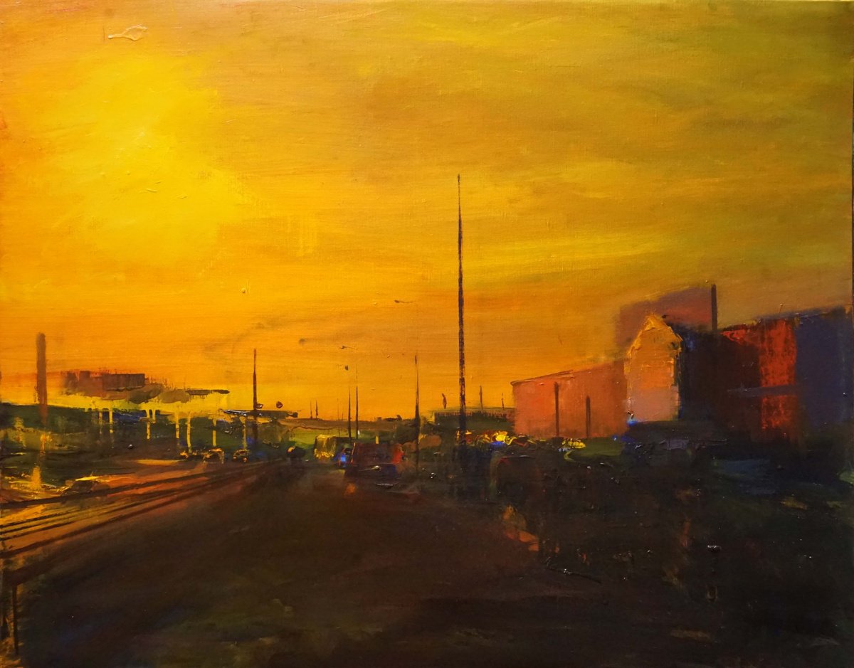 Urban And Pop Landscape Oil Painting By Manuel Leonardi, 39 X 32", Pompadour Sunset, Original Artwork