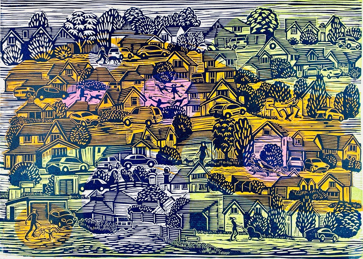 Graphic Cityscapes Linocut By Mark Howard Jones, 20 X 14", Morning Walk, Original Artwork