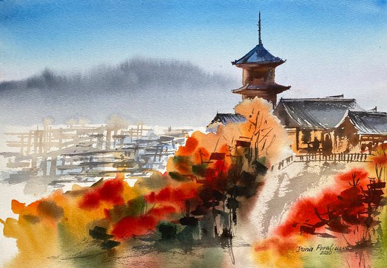 Pagodas against mountains, original watercolor painting medium size, on paper blue and orange