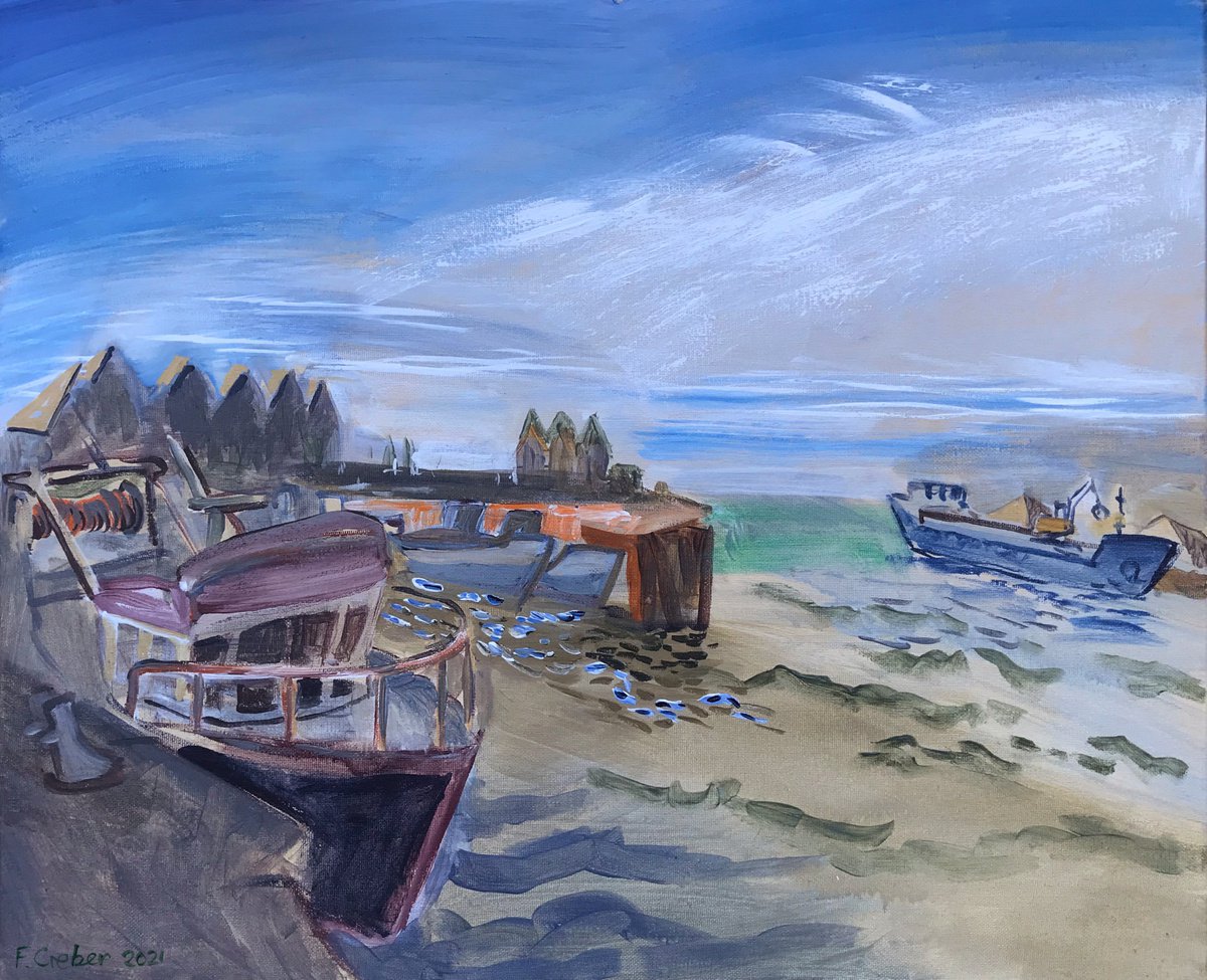Expressive Landscape Acrylic Painting By Frank Creber, 24 X 20, Whitstable Harbour, Original Artwork