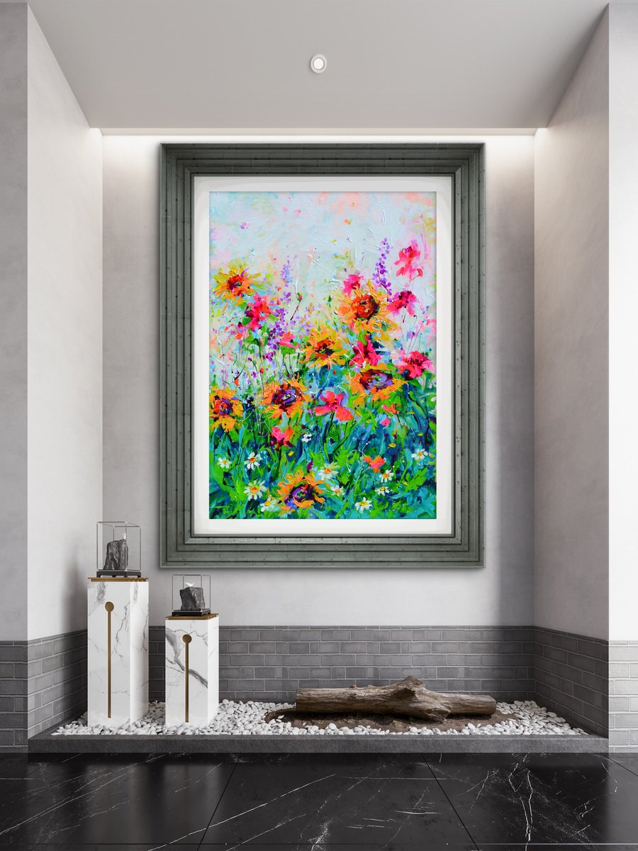Vibrant Sunflowers And Poppies Landscape By Soos Roxana Gabriela, 28 X 39, Artwork For Sale On Artfinder