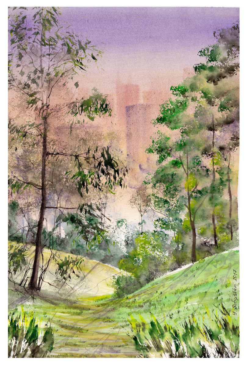 Impressionistic Landscape Watercolour By Yulia Schuster, 12 X 17", Walk Into A Dream, Original Artwork