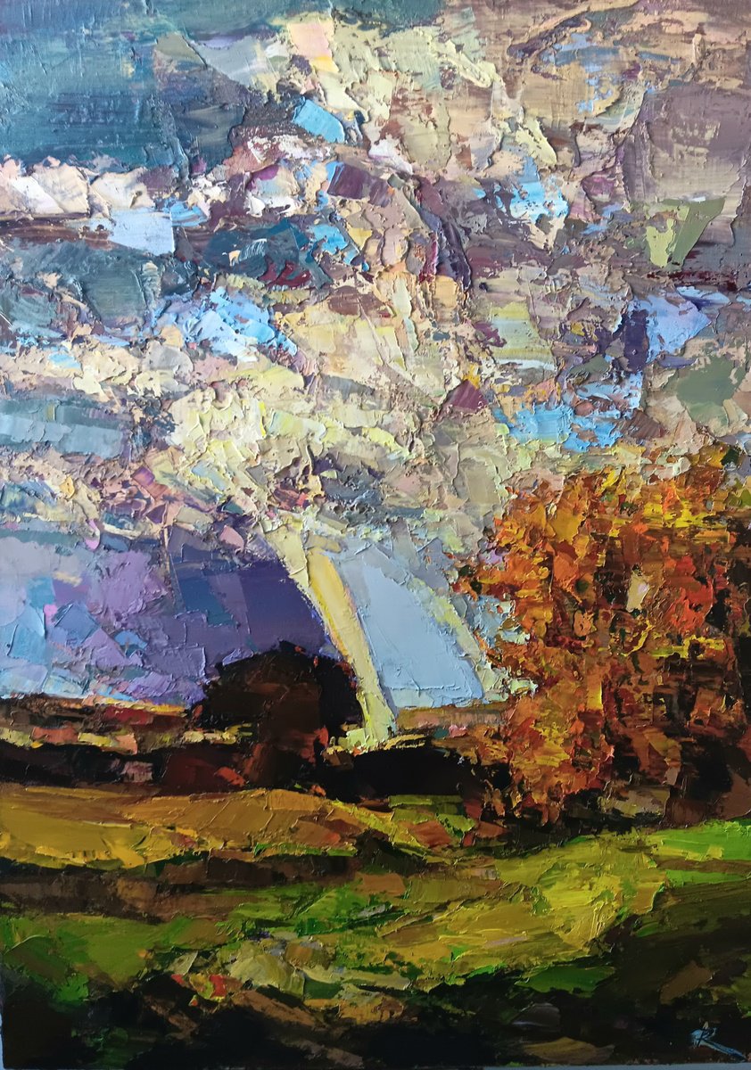 Impressionistic Landscape Oil Painting By Ruslan Khais, 24 X 36", Landscape With Rainbow, Original Artwork