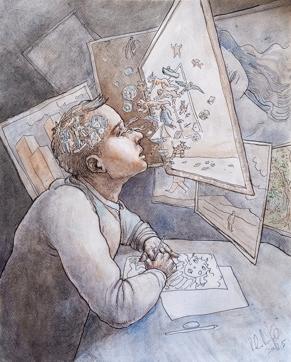 Illustrative Portrait Ink Drawing By Paolo Beneforti, 9 X 12", Creativity, Original Artwork