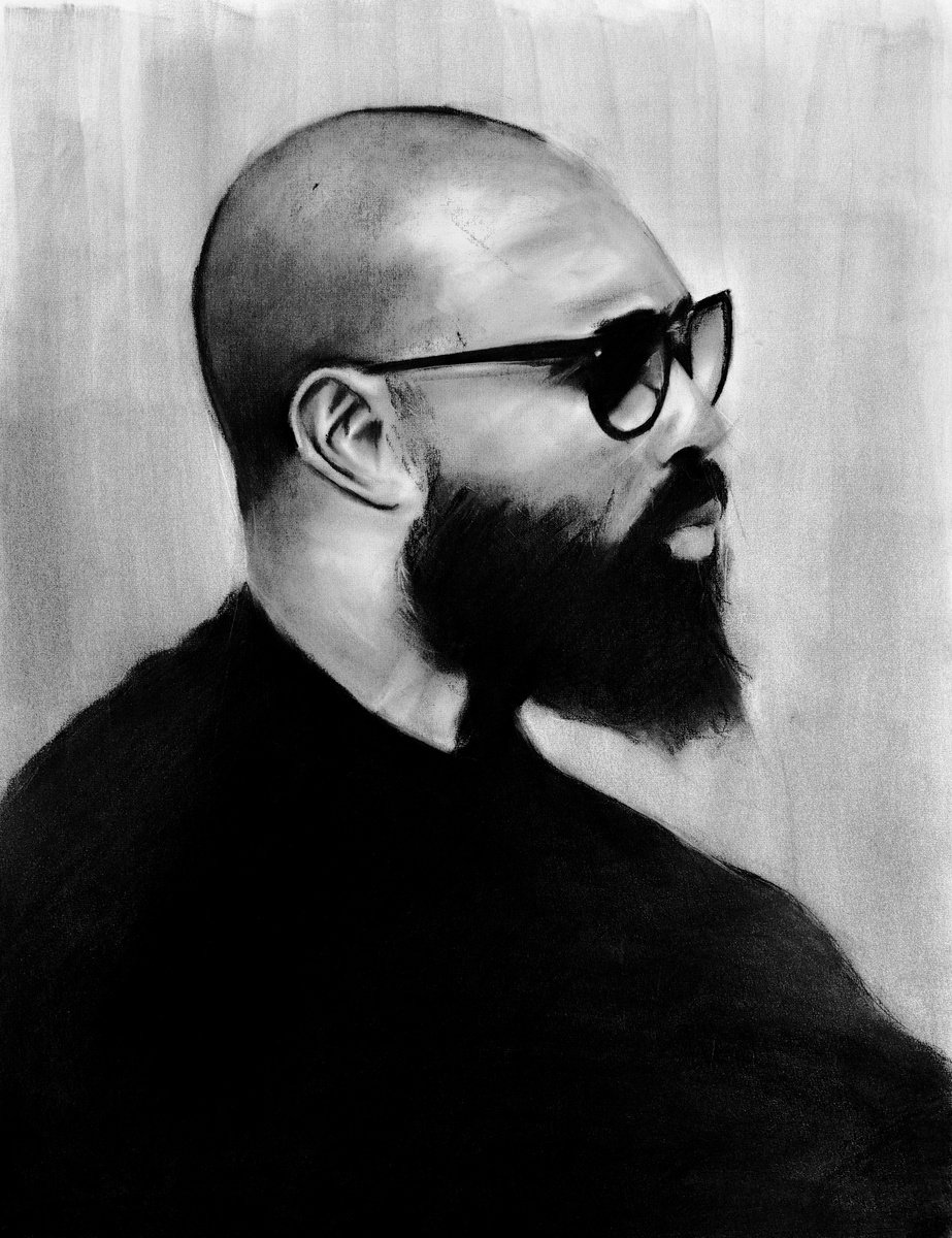 Photorealistic Portrait Charcoal Drawing By Denny Stoekenbroek, 20 X 26, Beyond The Frame, Original Artwork