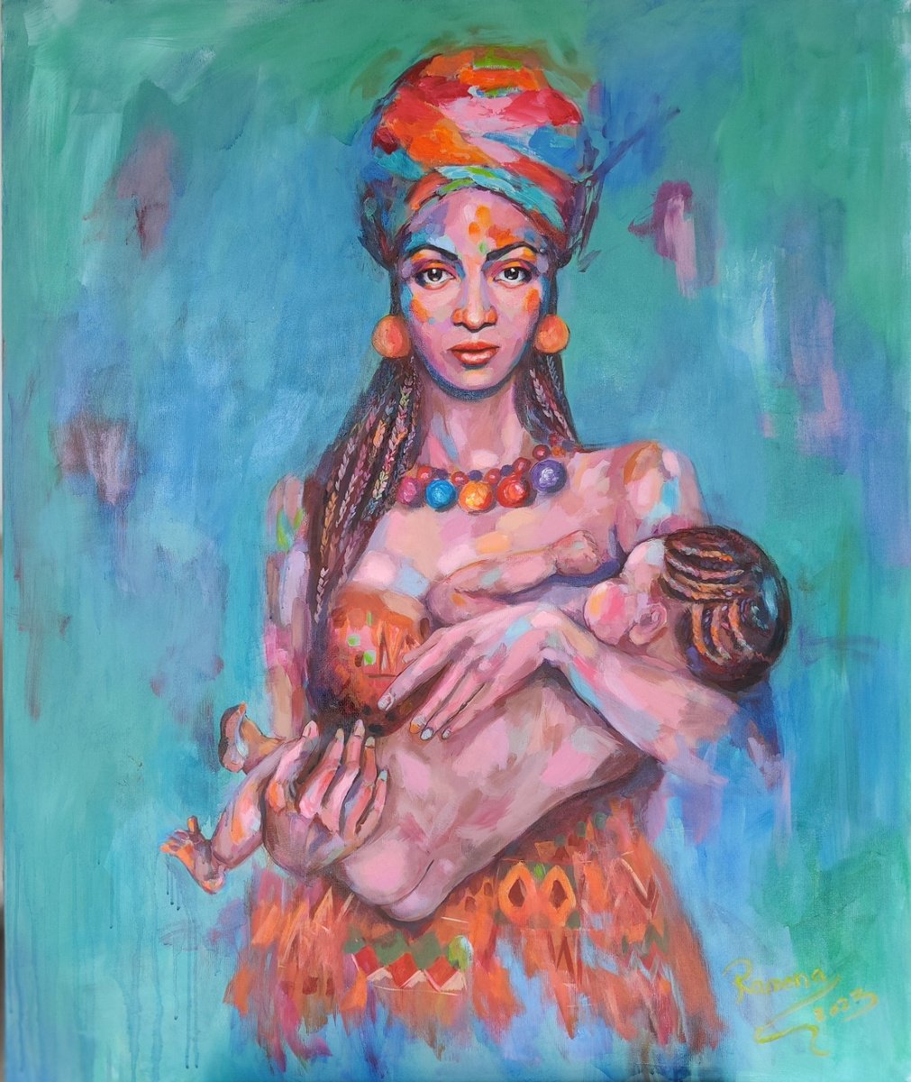 Urban And Pop Portrait Acrylic Painting By Ramona Pintea, 39 X 47", Eternal Shelter, Original Artwork