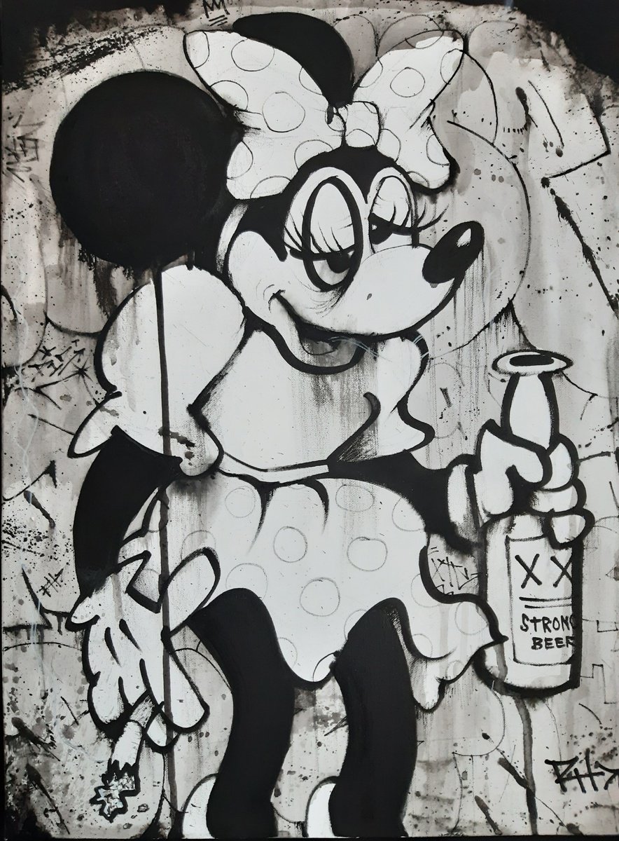 Urban And Pop Animal Acrylic Painting By Ross Hendrick, 18 X 24", Minnie Drunk, Original Artwork